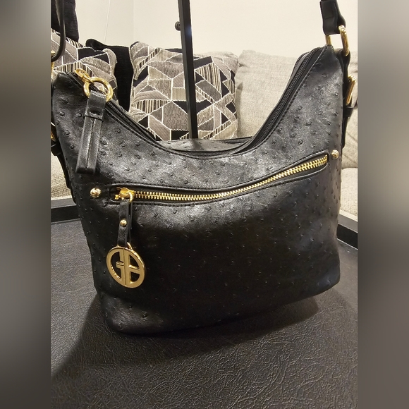 Gianni Bernini Handbags - Gianni Bernini Black Vegan Leather Ostrich Embossed Adjustable Crossbody Bag